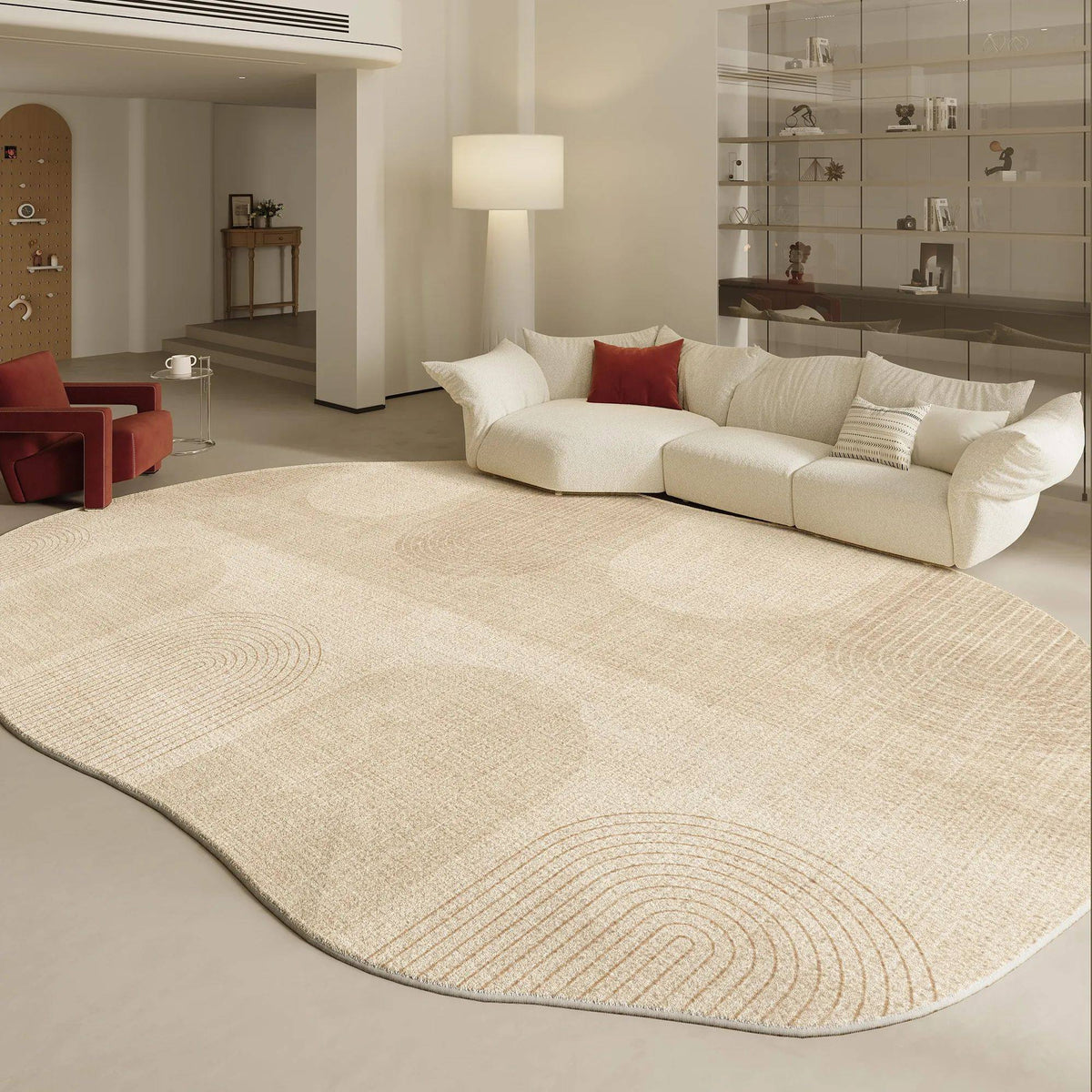 Fontaine Collection | Geometric Atomic-Era Irregular-Form Carpet - showcasing form and function in daily use context in a Mid-Century Modern living room setting.