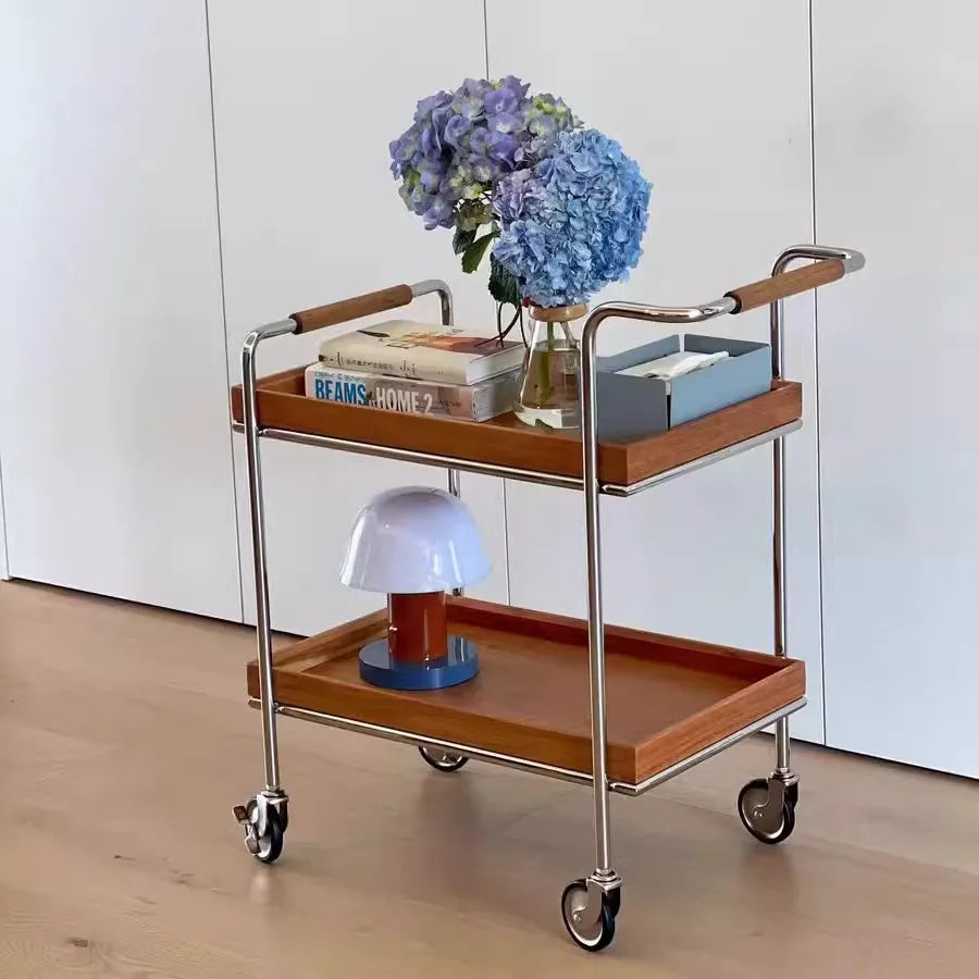 Belmont Collection | Geometric Atomic-Era Solid Walnut Rolling Tea Cart - demonstrating proportional harmony within the collection in a Mid-Century Modern living room setting.