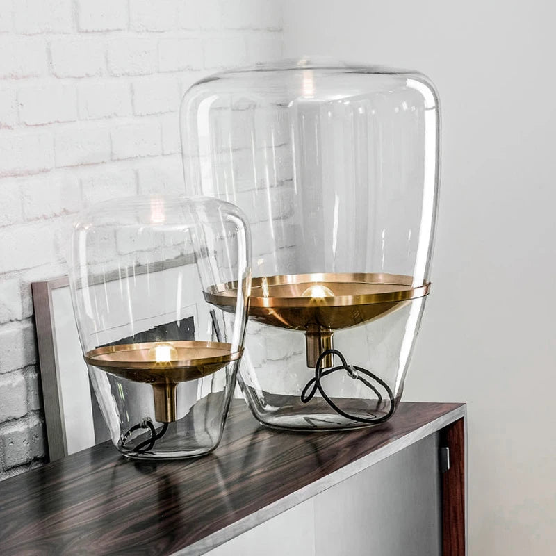 Astoria Collection | Sculptural Glass-Topped Czech Crystal Table Lamp - exhibiting shadow play and geometric silhouette detail in a Mid-Century Modern living room setting.