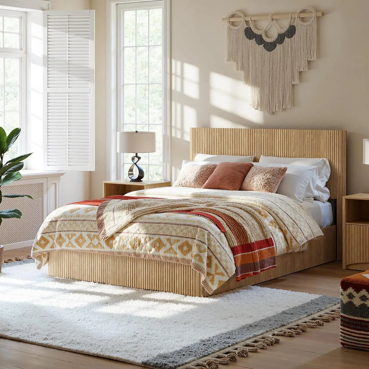 Fontaine Collection | Fluted Brass-Accented Walnut Lift Storage Bed - highlighting material texture and craftsmanship detail in a Mid-Century Modern bedroom setting.