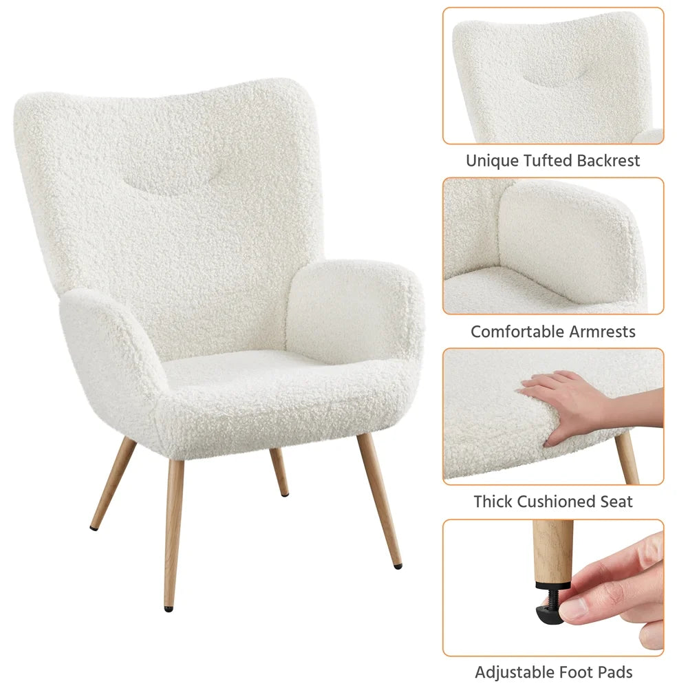 Mid-Century Modern Wingback Accent Chair, White Boucle
