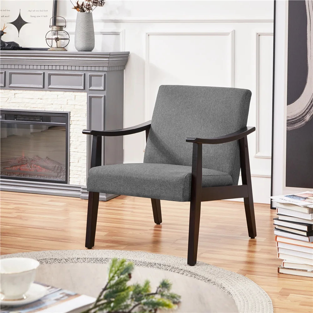 Mid-Century Modern Accent Chair with Wooden Frame, Dark Gray Fabric