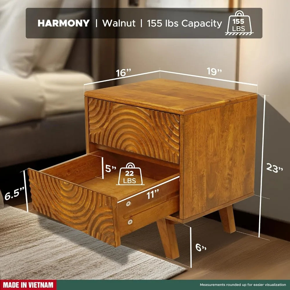 Cordoba Collection | Sculptural Atomic-Era Caramel Acacia Nightstand - presented at scale within a designed interior in a Mid-Century Modern bedroom setting.