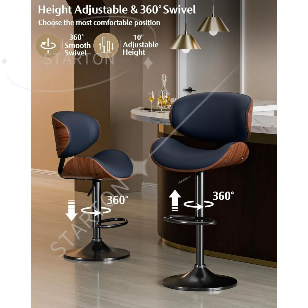 Fontaine Collection | Arched Leather-Wrapped Swivel Stools - presented at scale within a designed interior in a Mid-Century Modern living room setting.