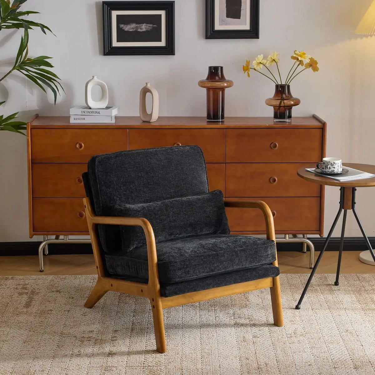 Valencia Collection | Sculptural Desert-Modern Chenille Accent Chair - exhibiting shadow play and geometric silhouette detail in a Mid-Century Modern living room setting.
