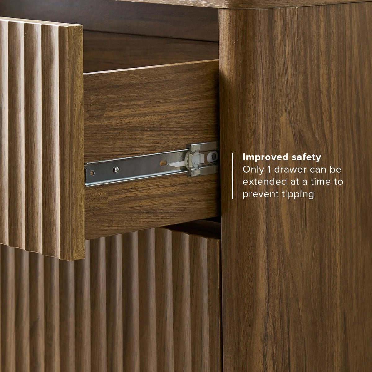 Brooklyn Mid-Century Modern Dresser Credenza, Waveform Panel, 3 Drawers, Anti-Tipping (Walnut)