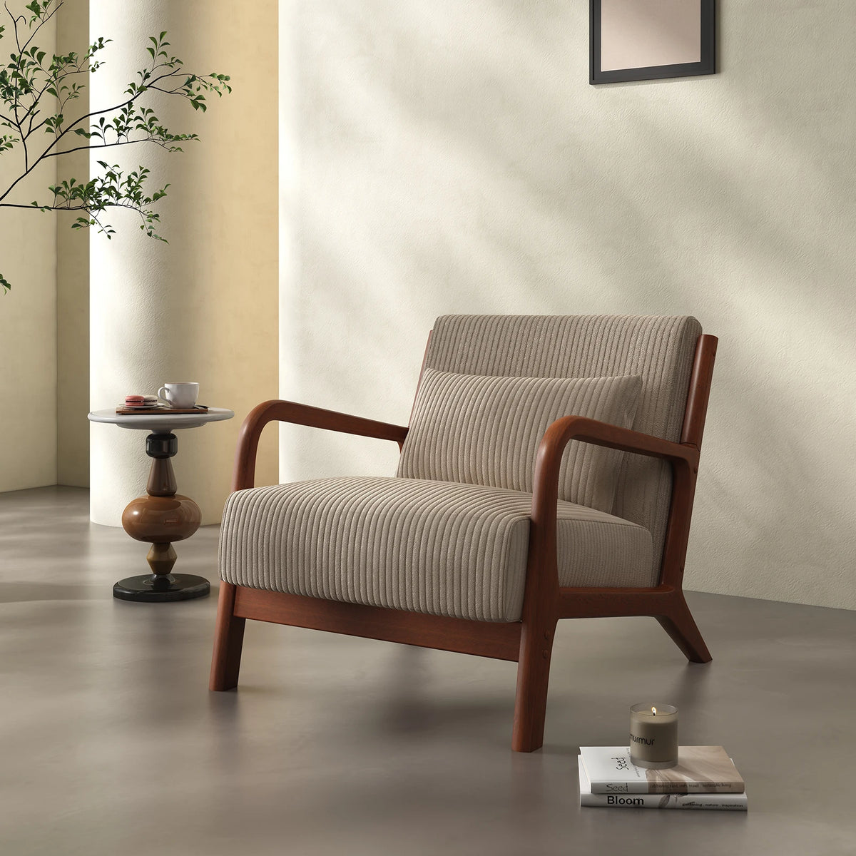 Dresden Collection | Sculptural Velvet-Cushioned Velvet Accent Chair - detail view 17 revealing design nuance in a Mid-Century Modern living room setting.
