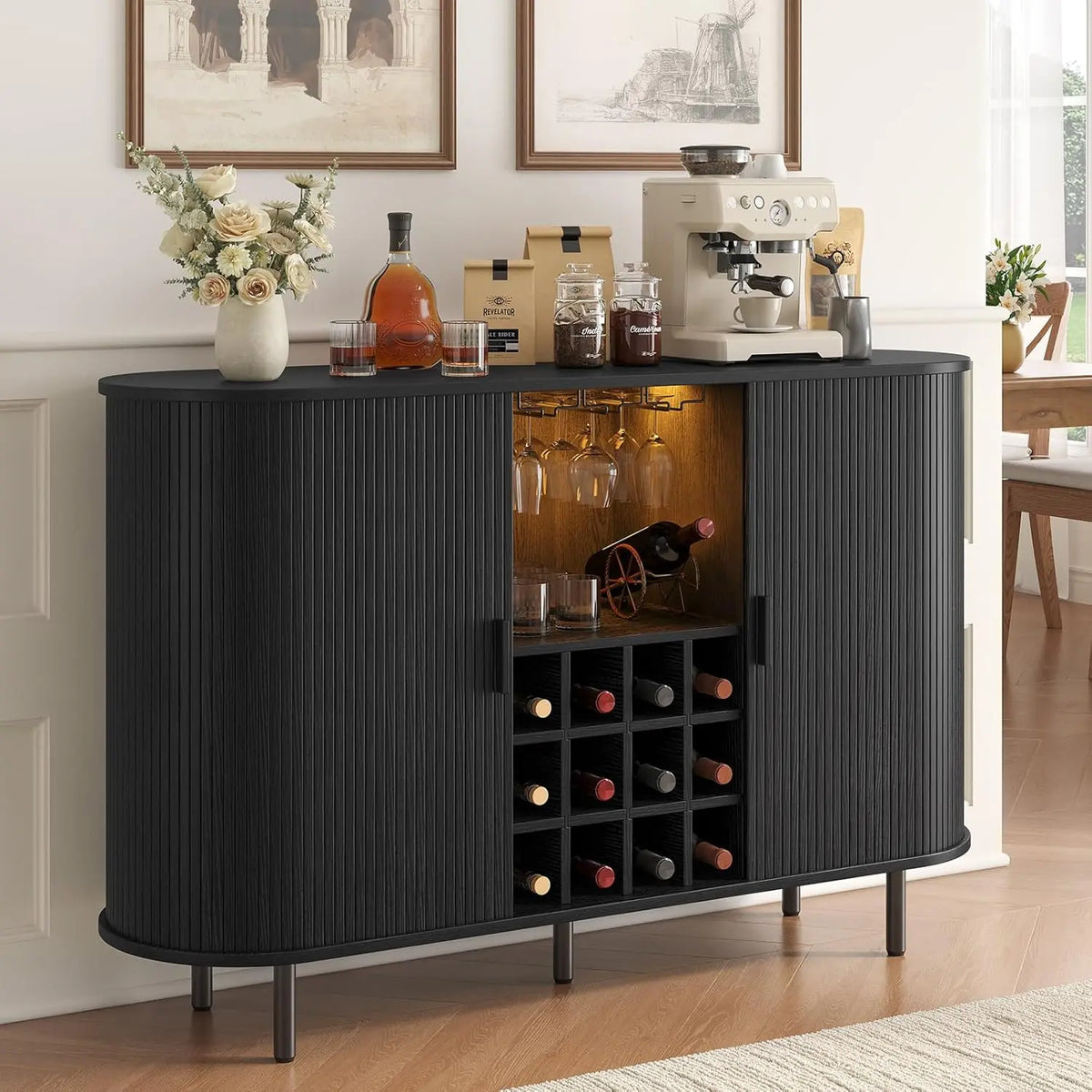 Cordoba Collection | Fluted Atomic-Era Fluted Walnut Wine Cabinet - framed in an editorial still-life composition in a Mid-Century Modern dining room setting.