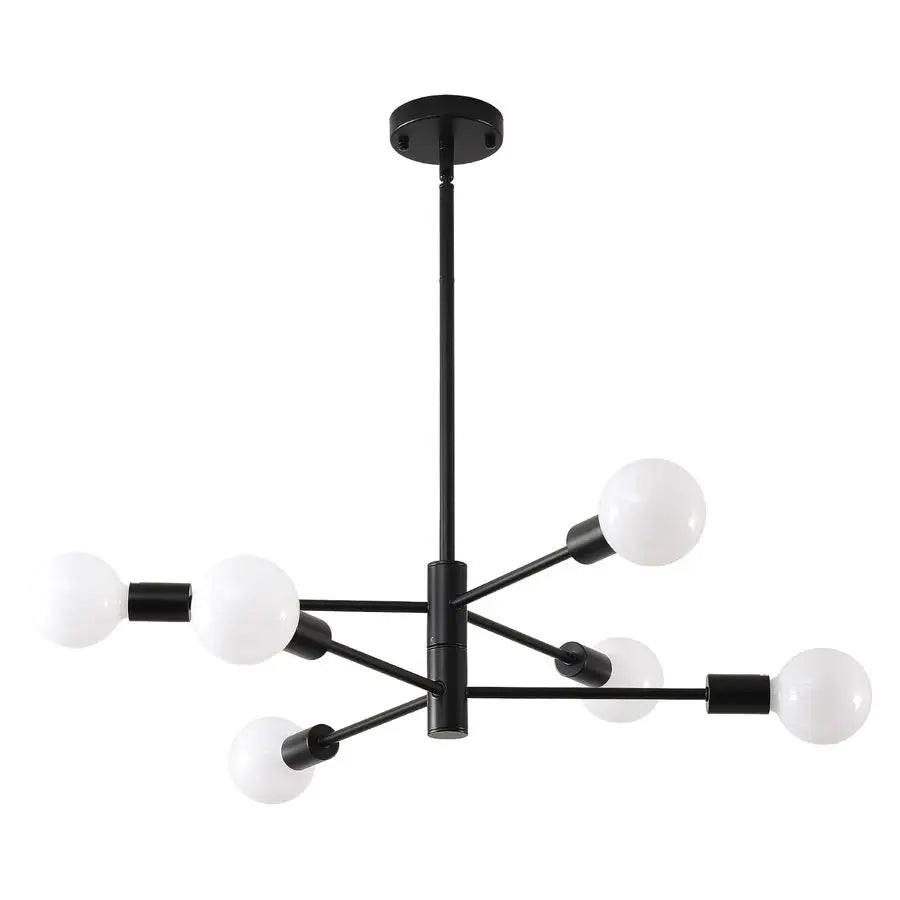 Astoria Collection | Geometric Steel-Framed Matte Black Sputnik Chandelier - showcasing full sculptural form and curated finish in a Mid-Century Modern living room setting.