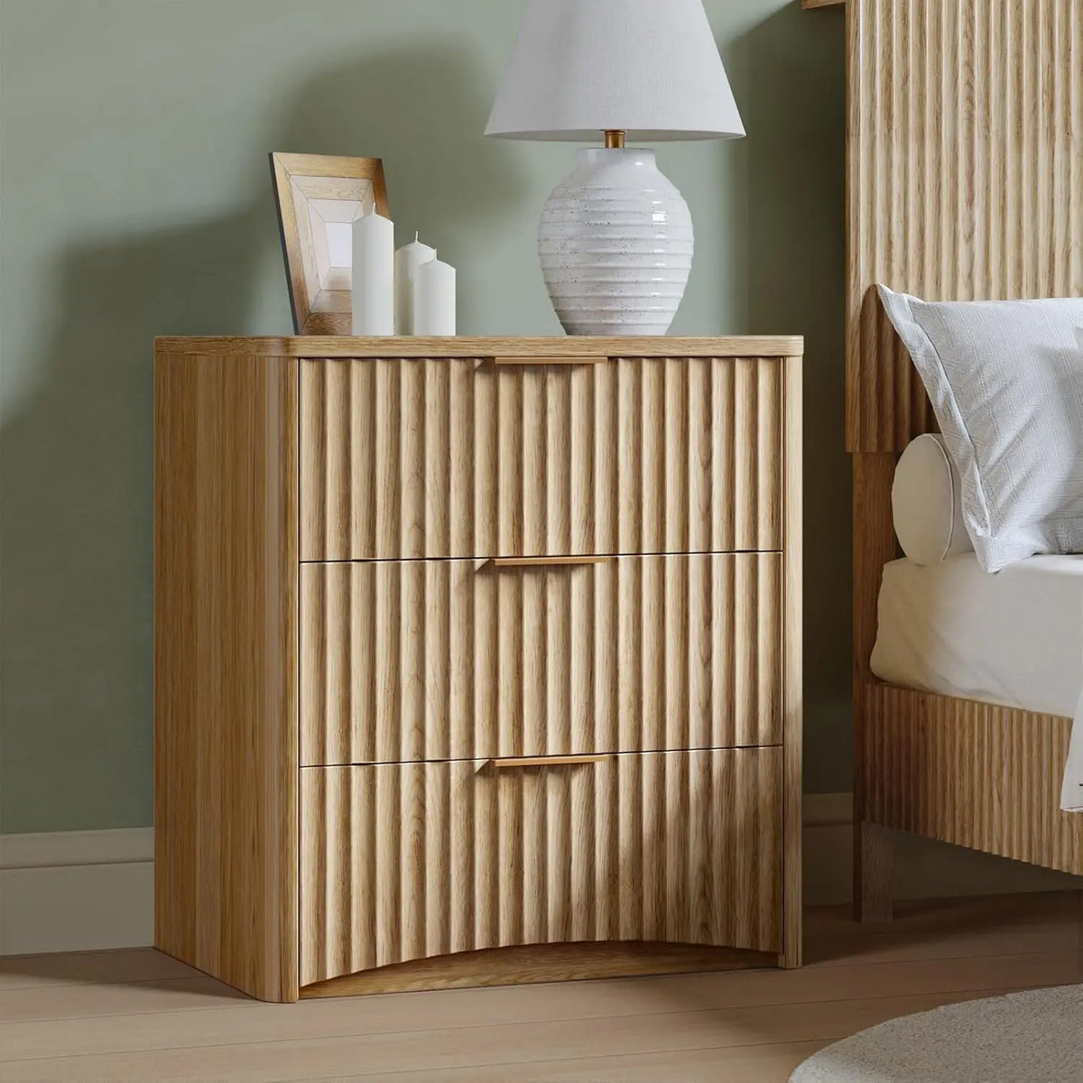 Dresden Collection | Atomic-Era Drawer Fluted Walnut Nightstand - highlighting material texture and craftsmanship detail in a Mid-Century Modern bedroom setting.
