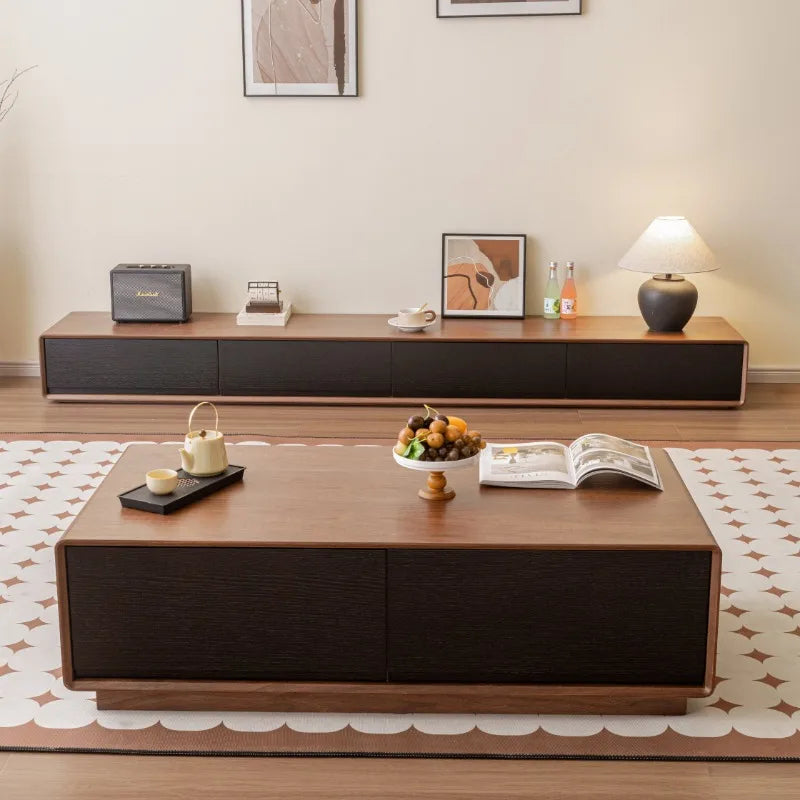 Cordoba Collection | Minimalist Walnut Media Console with Hearth - presented at scale within a designed interior in a Mid-Century Modern entryway setting.