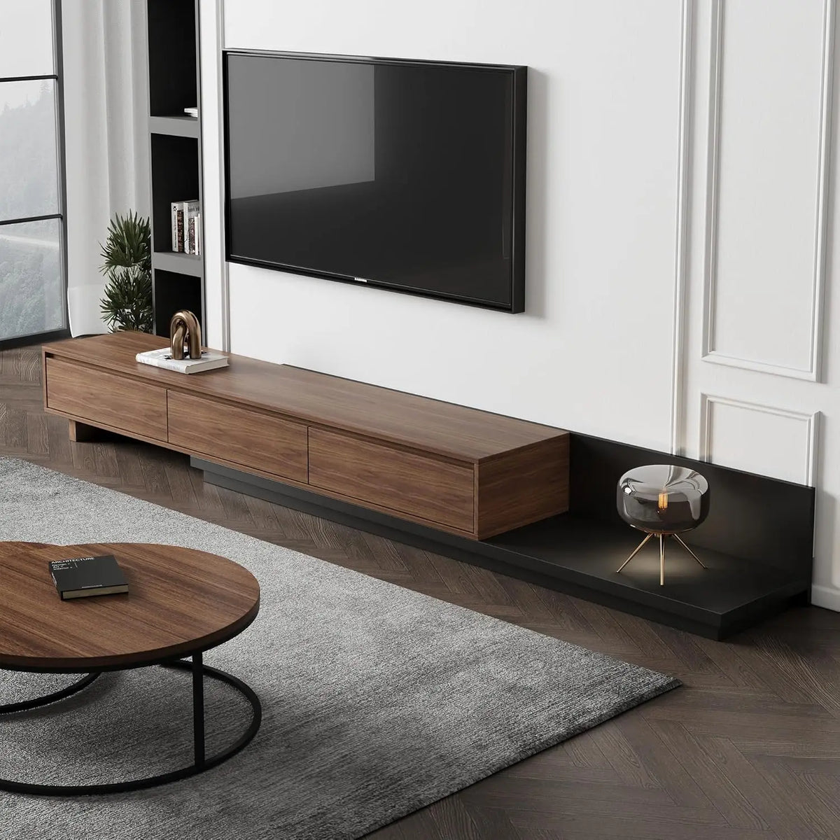 Ellington Collection | Tapered-Leg Brass-Accented Walnut Entertainment Console - demonstrating proportional harmony within the collection in a Mid-Century Modern entryway setting.