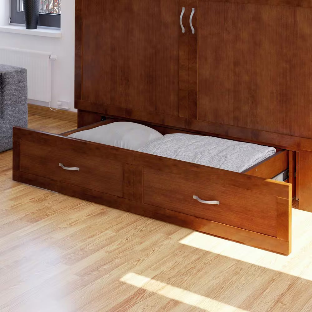 Hamilton Walnut Brown Wood Frame Queen Murphy Bed Chest with 6 In. Mattress, Storage and Built-In Charger