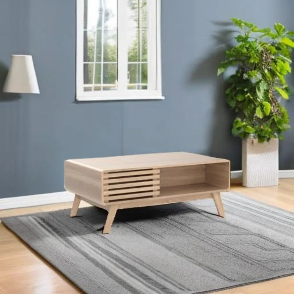Belmont Collection | Fluted Atomic-Era White Oak Coffee Table - captured in a curated lifestyle vignette in a Mid-Century Modern living room setting.