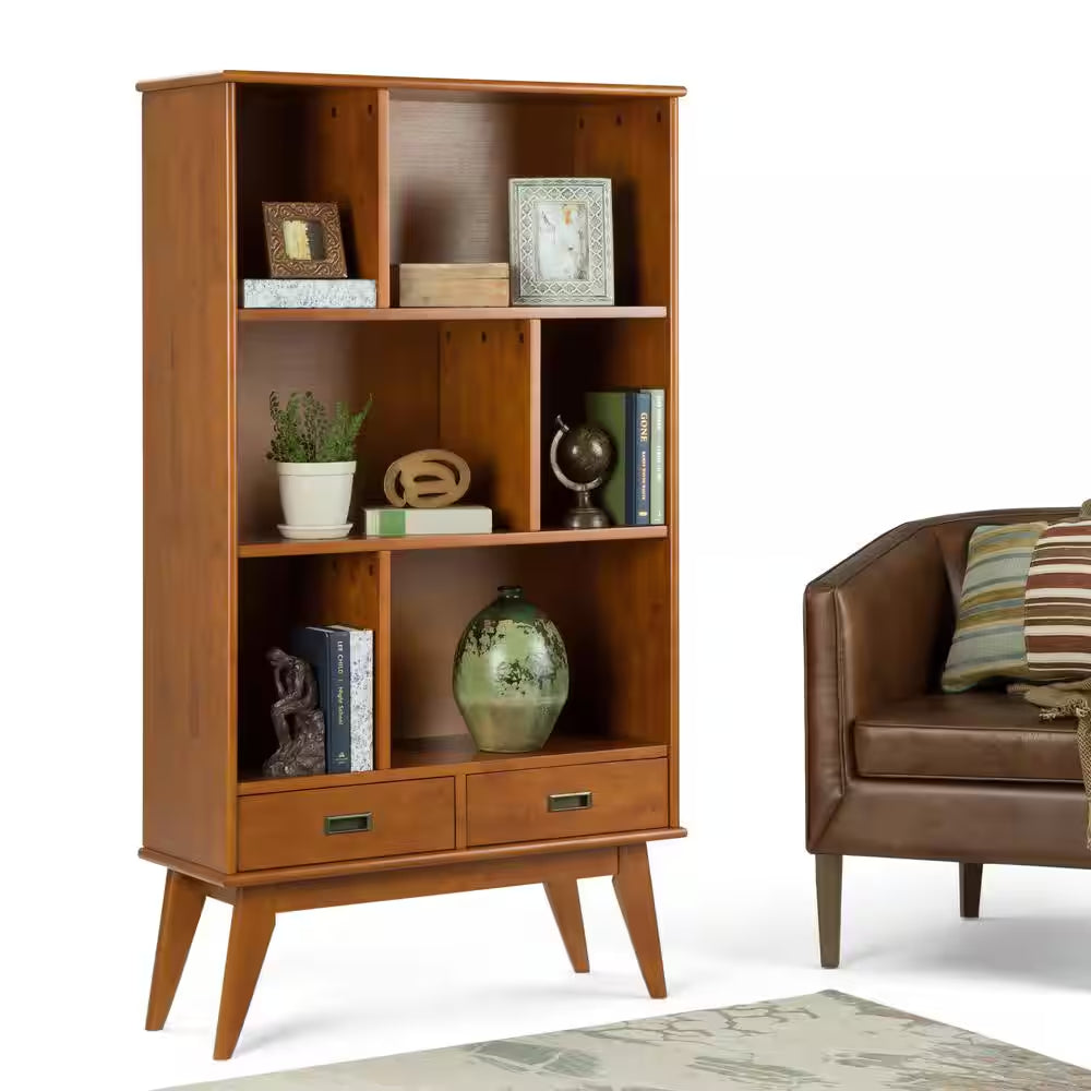 Draper Solid Hardwood 64 In. X 35 In. Mid-Century Modern Wide Bookcase and Storage Unit in Teak Brown