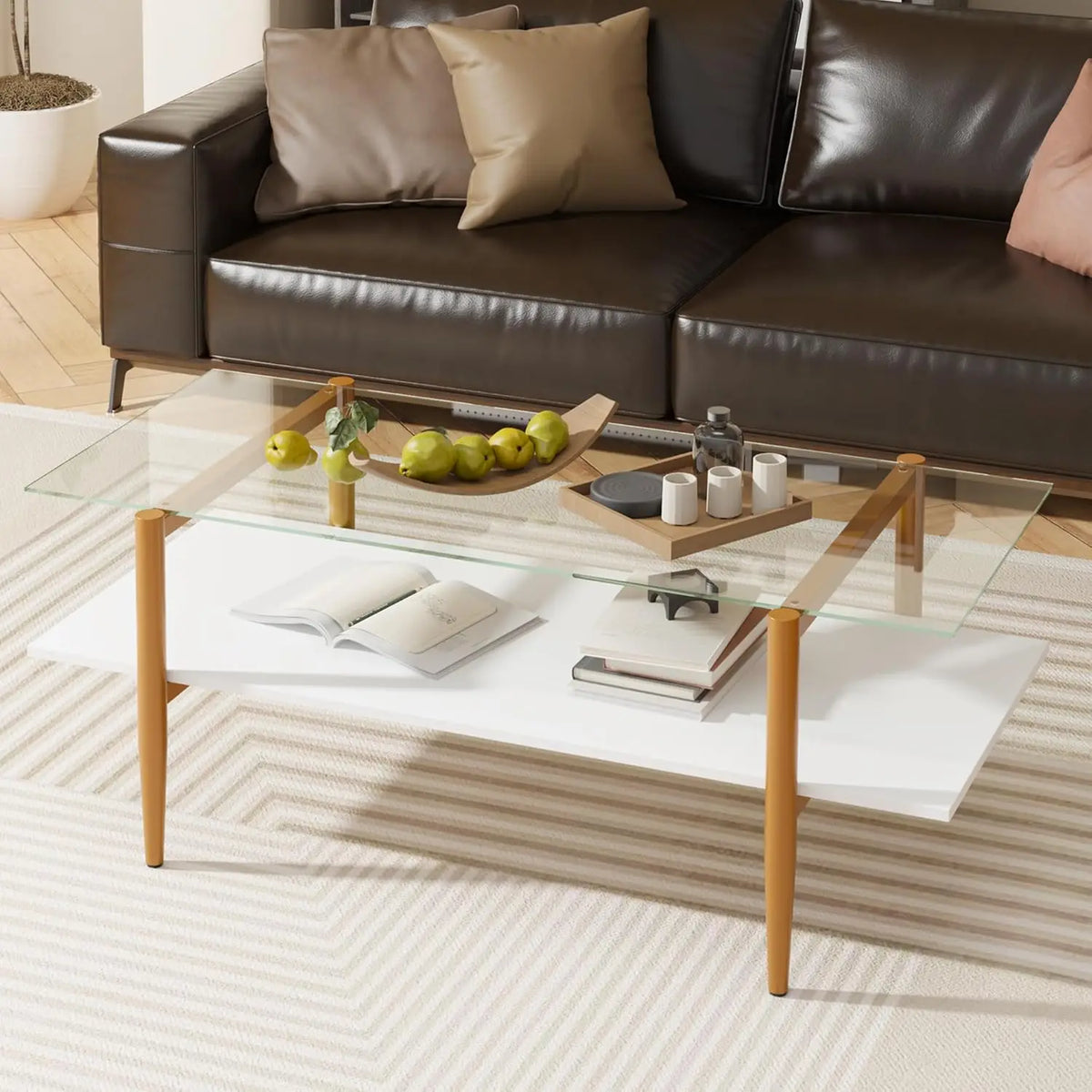 Fontaine Collection | Geometric Glass-Top Tempered Glass & Brass - highlighting material texture and craftsmanship detail in a Mid-Century Modern living room setting.