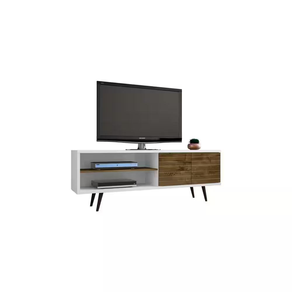Liberty 62.99 In. White and Rustic Brown TV Stand Fits Tvs up to 60 In. with Storage Doors, Shelves and Cable Management