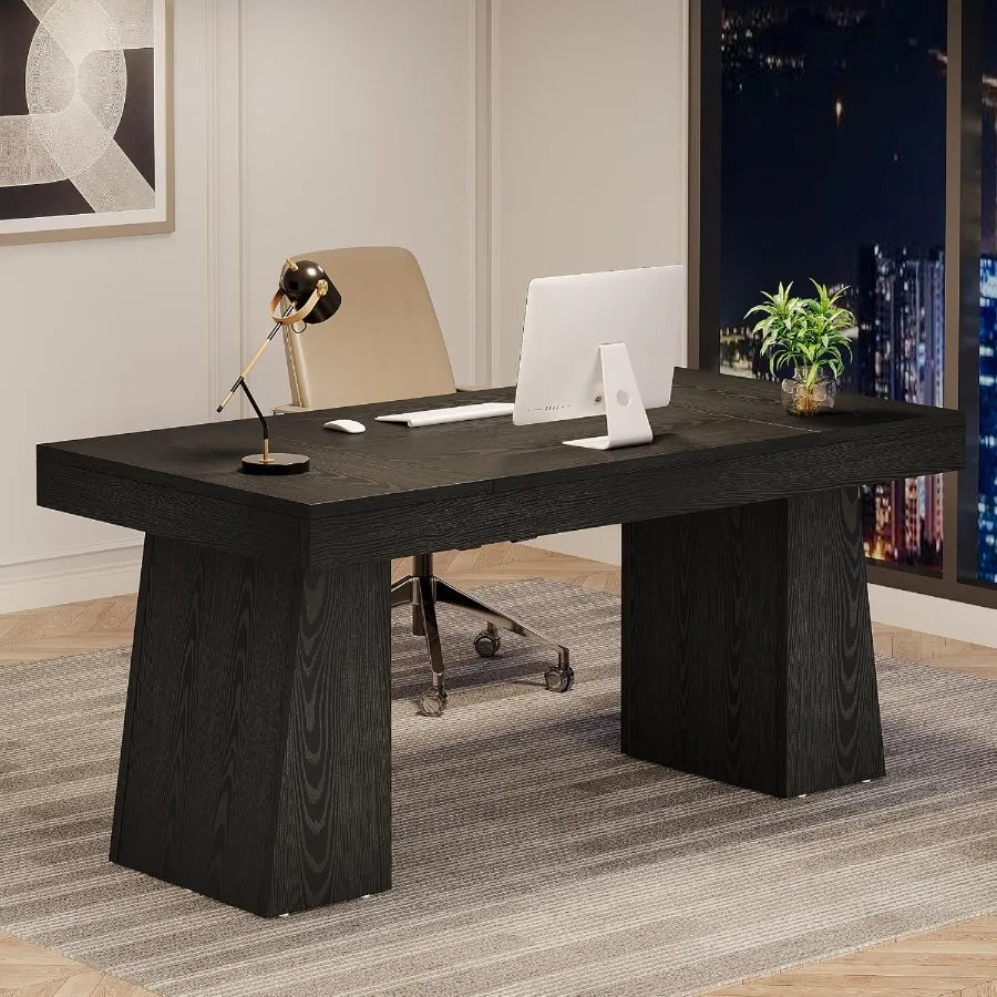 Dresden Collection | Panoramic Tapered-Leg Walnut Executive Desk - showcasing full sculptural form and curated finish in a Mid-Century Modern home office setting.