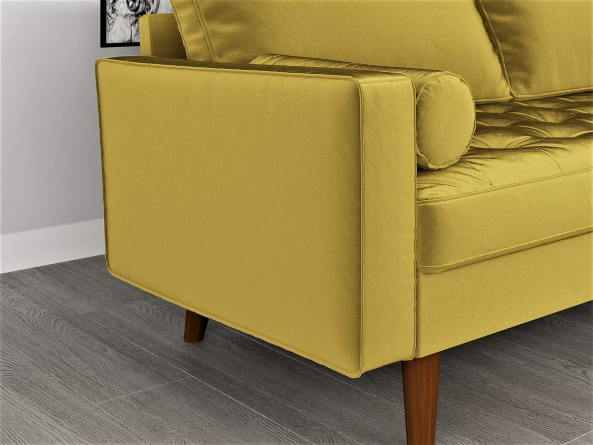 Womble Mid Century Modern Velvet Upholstered Tufted Seat with Bolster Pillows, Loveseat, Sofa, Goldenrod