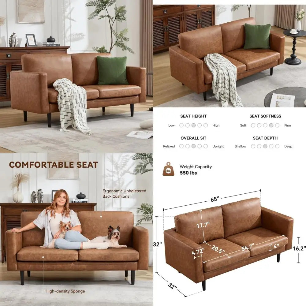 Ellington Collection | Tapered-Leg Leather-Wrapped Vegan Leather Loveseat - highlighting material texture and craftsmanship detail in a Mid-Century Modern living room setting.