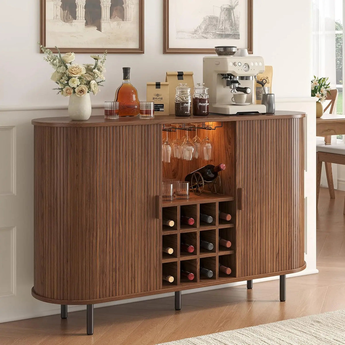 Cordoba Collection | Fluted Atomic-Era Fluted Walnut Wine Cabinet - featuring close-up joinery and artisanal finish quality in a Mid-Century Modern dining room setting.