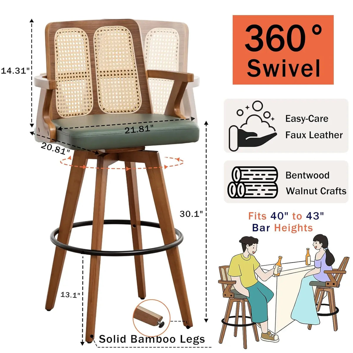 Ellington Collection | Pedestal Curved Walnut Swivel Bar Stool - styled from an alternate angle revealing dimensional depth in a Mid-Century Modern dining room setting.
