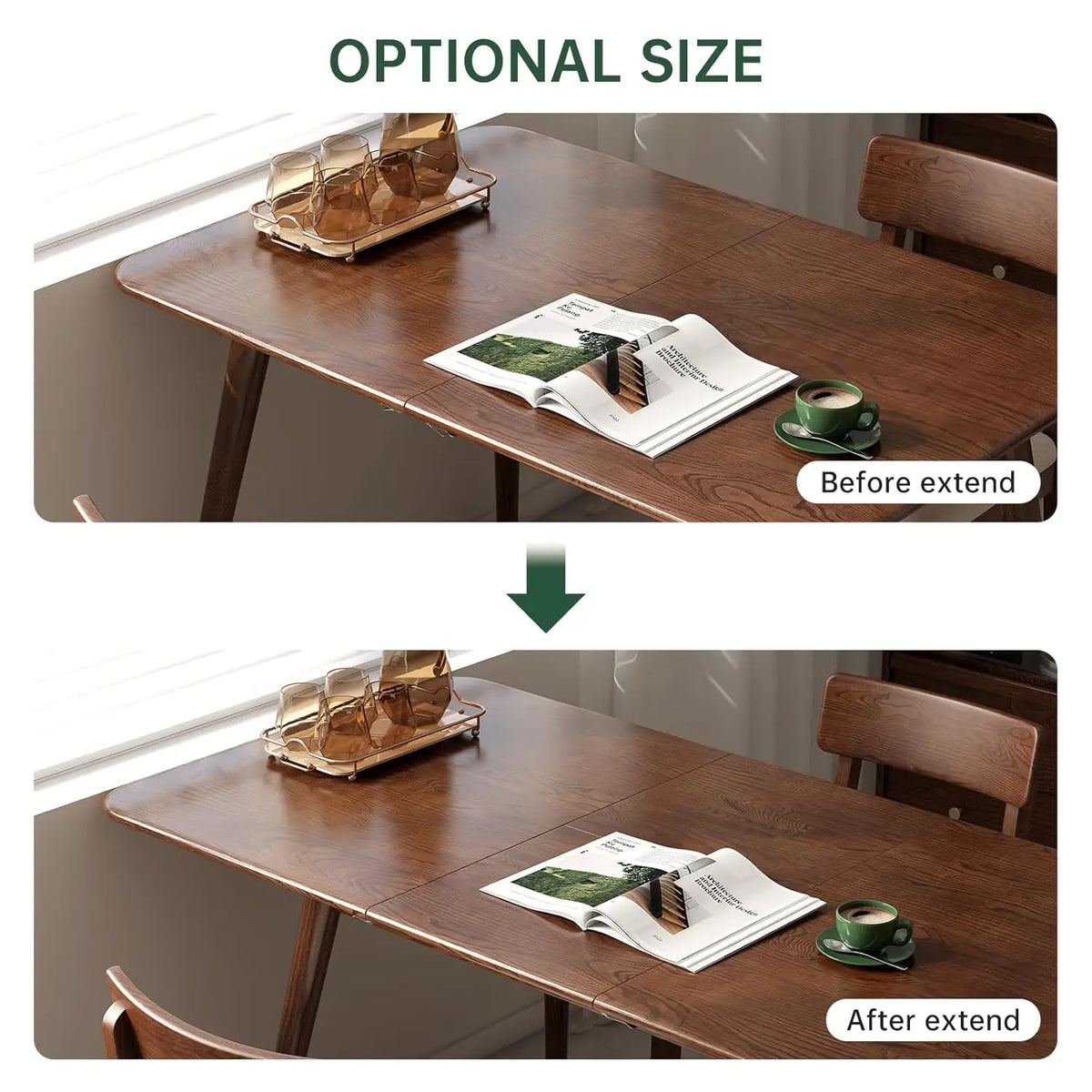 Astoria Collection | Tapered-Leg Atomic-Era Expandable Oak Dining Table - styled from an alternate angle revealing dimensional depth in a Mid-Century Modern dining room setting.