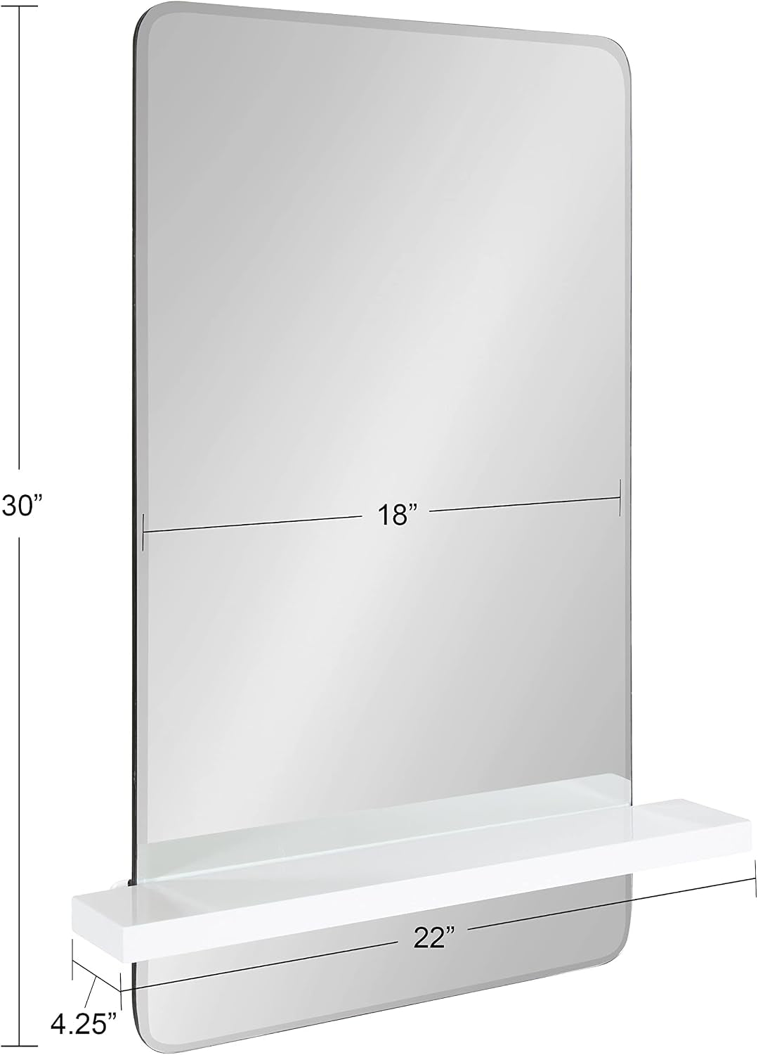 Fossett Frameless Rectangle Wall Mirror, 18 X 30, White, Decorative Functional Mirror with Shelf for Storage and Display