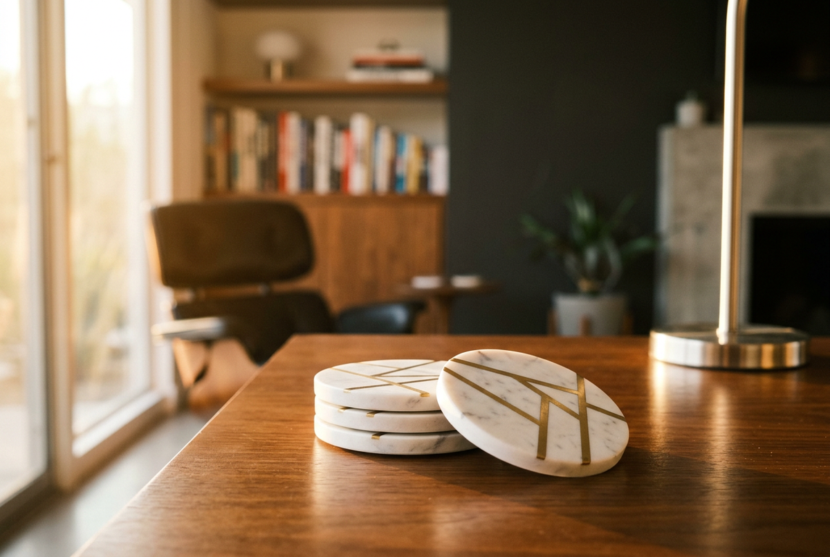 White Marble & Brass Inlay Coaster Set | Luxe Orbit