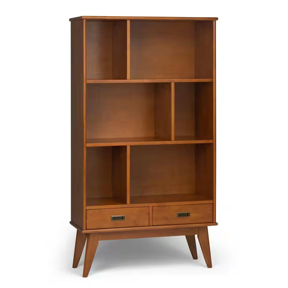 Draper Solid Hardwood 64 In. X 35 In. Mid-Century Modern Wide Bookcase and Storage Unit in Teak Brown