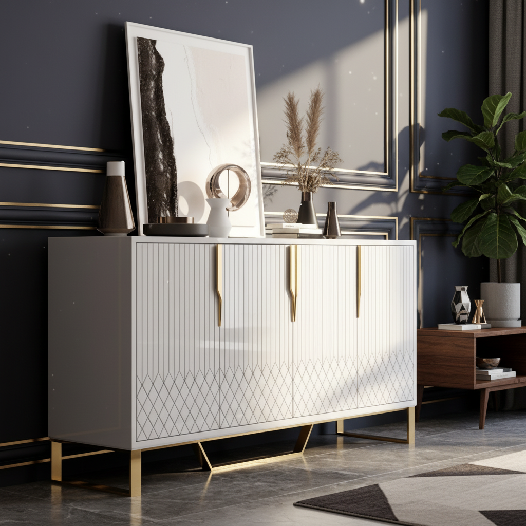 Marlowe Collection | Minimalist Brass-Accented Walnut Cabinet - revealing tonal warmth and surface patina under ambient light in a Mid-Century Modern living room setting.