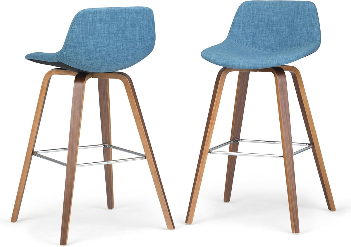 SIMPLIHOME Raya 24" Seat Height Vegan Leather Counter Stool (Set of 2) | Aqua Blue, Mid-Century Counter Stools with Curved Backrest and Footrest; Upholstered Kitchen or Bar Seating.