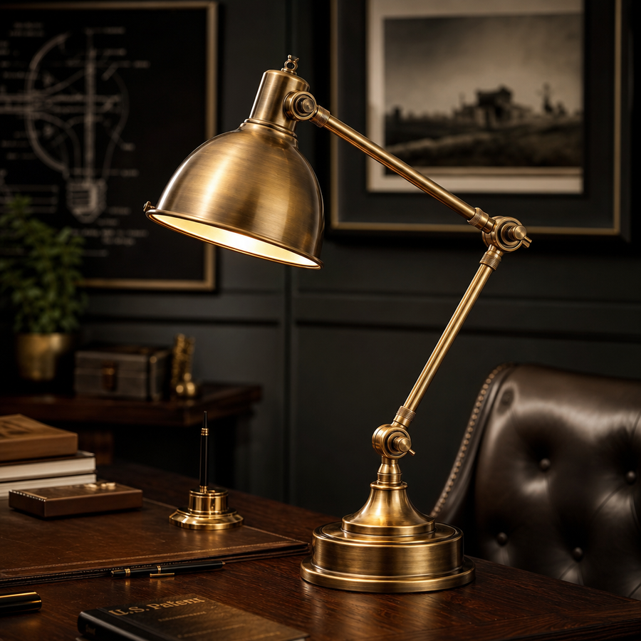 Dresden Collection | Arched Brass-Accented Brass Architect Lamp - showcasing full sculptural form and curated finish in a Mid-Century Modern living room setting.