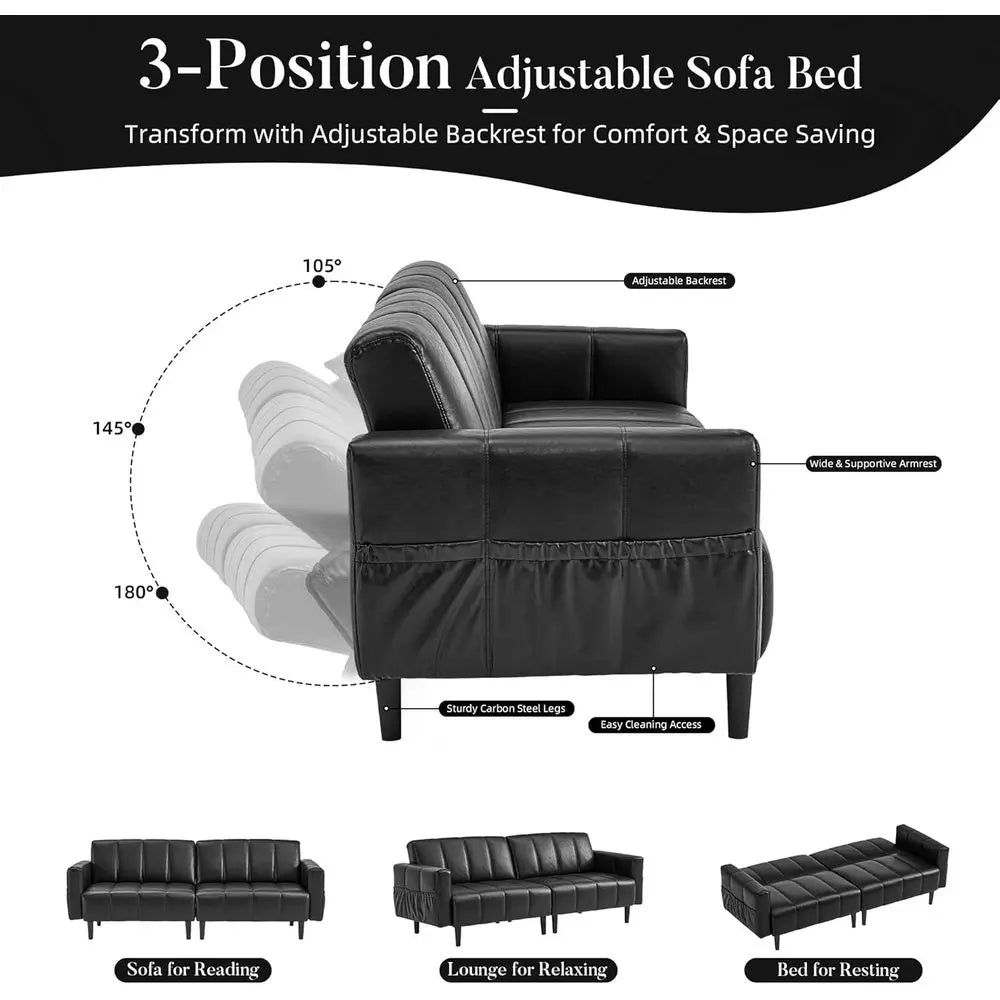 Dresden Collection | Geometric Leather-Wrapped Ebony Faux Leather Futon - presented at scale within a designed interior in a Mid-Century Modern living room setting.