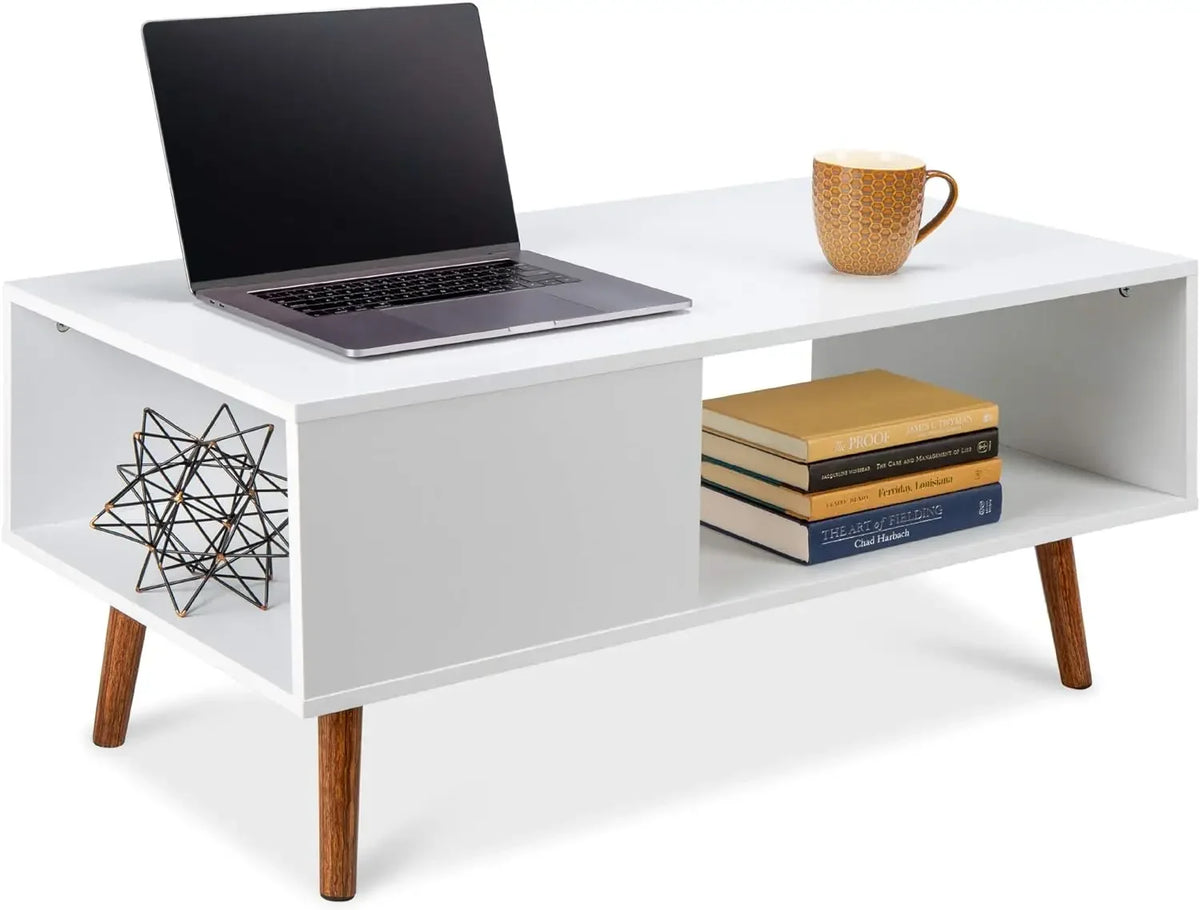 Dresden Collection | Hairpin-Legged Steel-Framed Walnut Coffee Table - styled from an alternate angle revealing dimensional depth in a Mid-Century Modern living room setting.