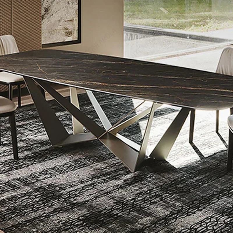 Dresden Collection | Arched Marble-Topped Polished Obsidian Marble Dining Table - framed in an editorial still-life composition in a Mid-Century Modern dining room setting.