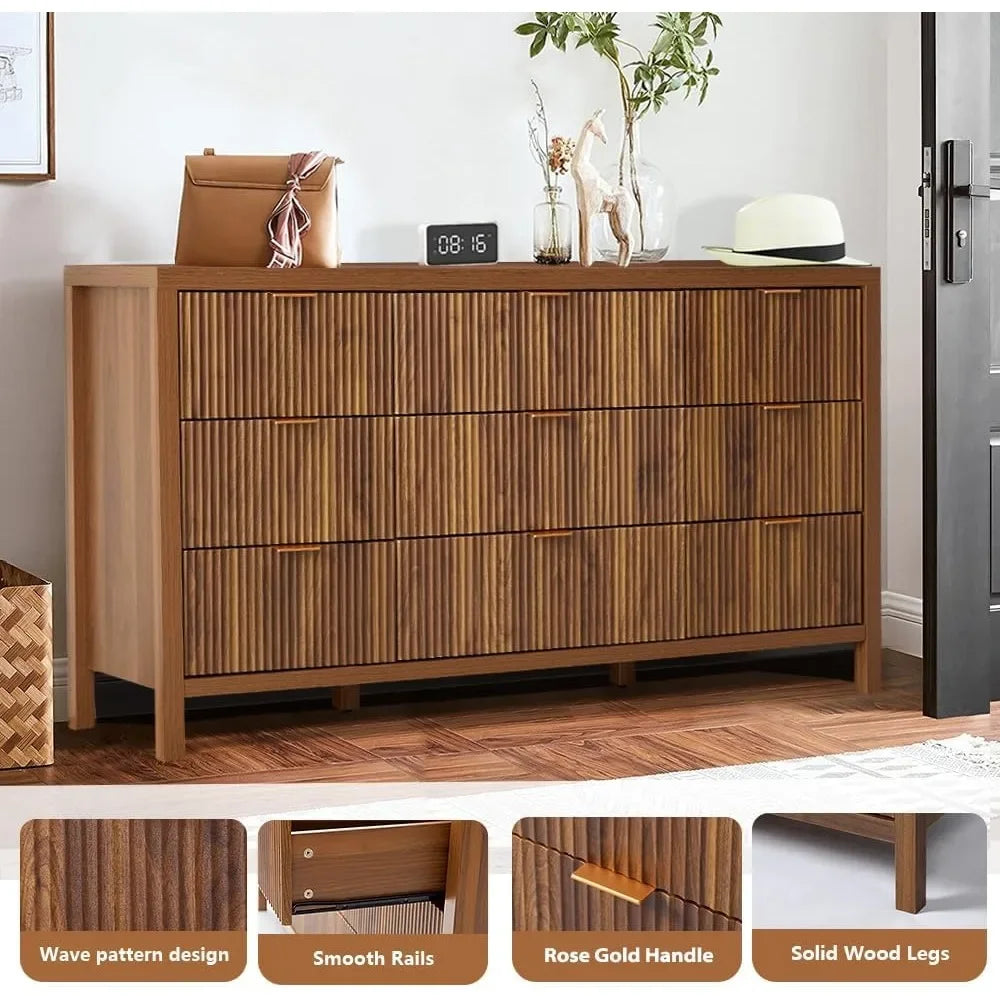 Belmont Collection | Tapered-Leg Brass-Accented Walnut & Brass Dresser - framed in an editorial still-life composition in a Mid-Century Modern bedroom setting.