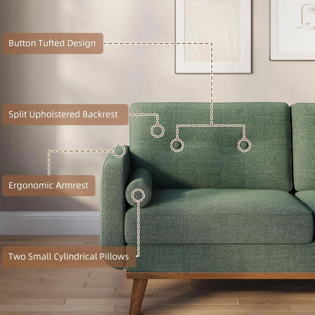 Ellington Collection | Leather-Wrapped Walnut Loveseat - captured in a curated lifestyle vignette in a Mid-Century Modern living room setting.