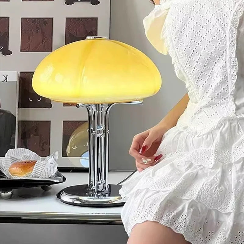 Fontaine Collection | Splayed-Leg Atomic-Era Ceramic Mushroom Table Lamp - presented at scale within a designed interior in a Mid-Century Modern living room setting.
