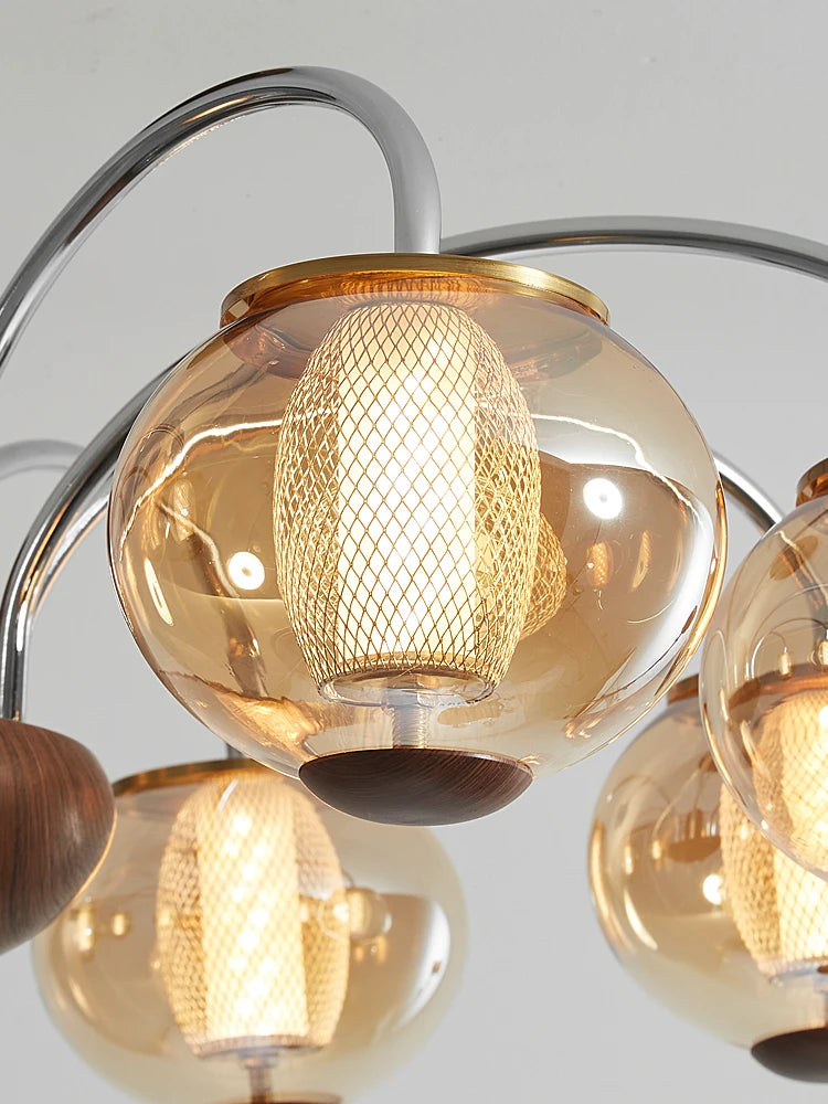 Dresden Collection | Atomic-Era Walnut Pendant - revealing tonal warmth and surface patina under ambient light in a Mid-Century Modern living room setting.