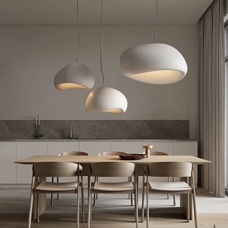 Hiroshi Collection | Sculptural Steel-Framed Bamboo & Steel Pendant - showcasing full sculptural form and curated finish in a Mid-Century Modern living room setting.