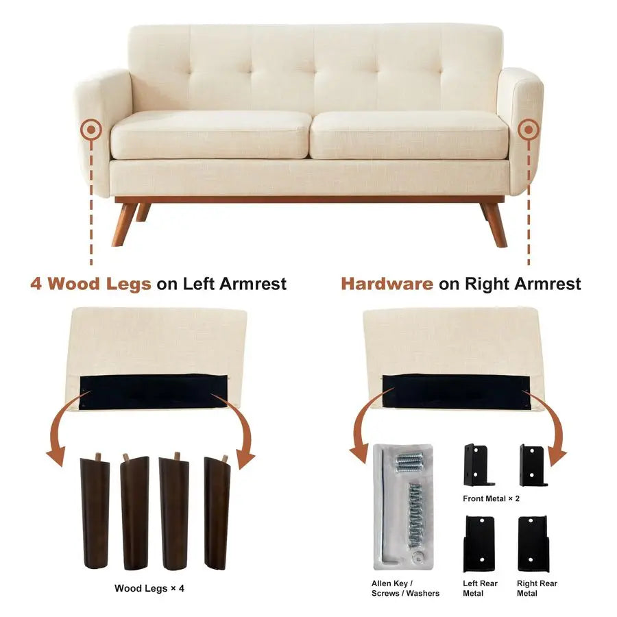 Dresden Collection | Tapered-Leg Leather-Wrapped Walnut Loveseat - captured in a curated lifestyle vignette in a Mid-Century Modern living room setting.