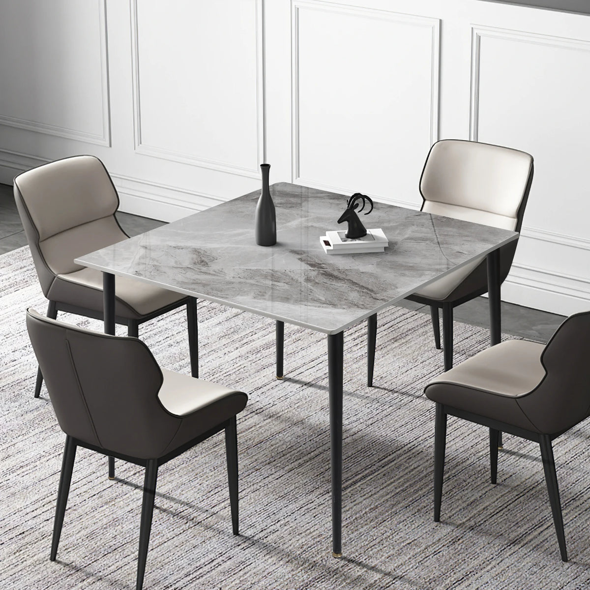 Dresden Collection | Hairpin-Legged Stone-Top Slate Dining Table - framed in an editorial still-life composition in a Mid-Century Modern dining room setting.