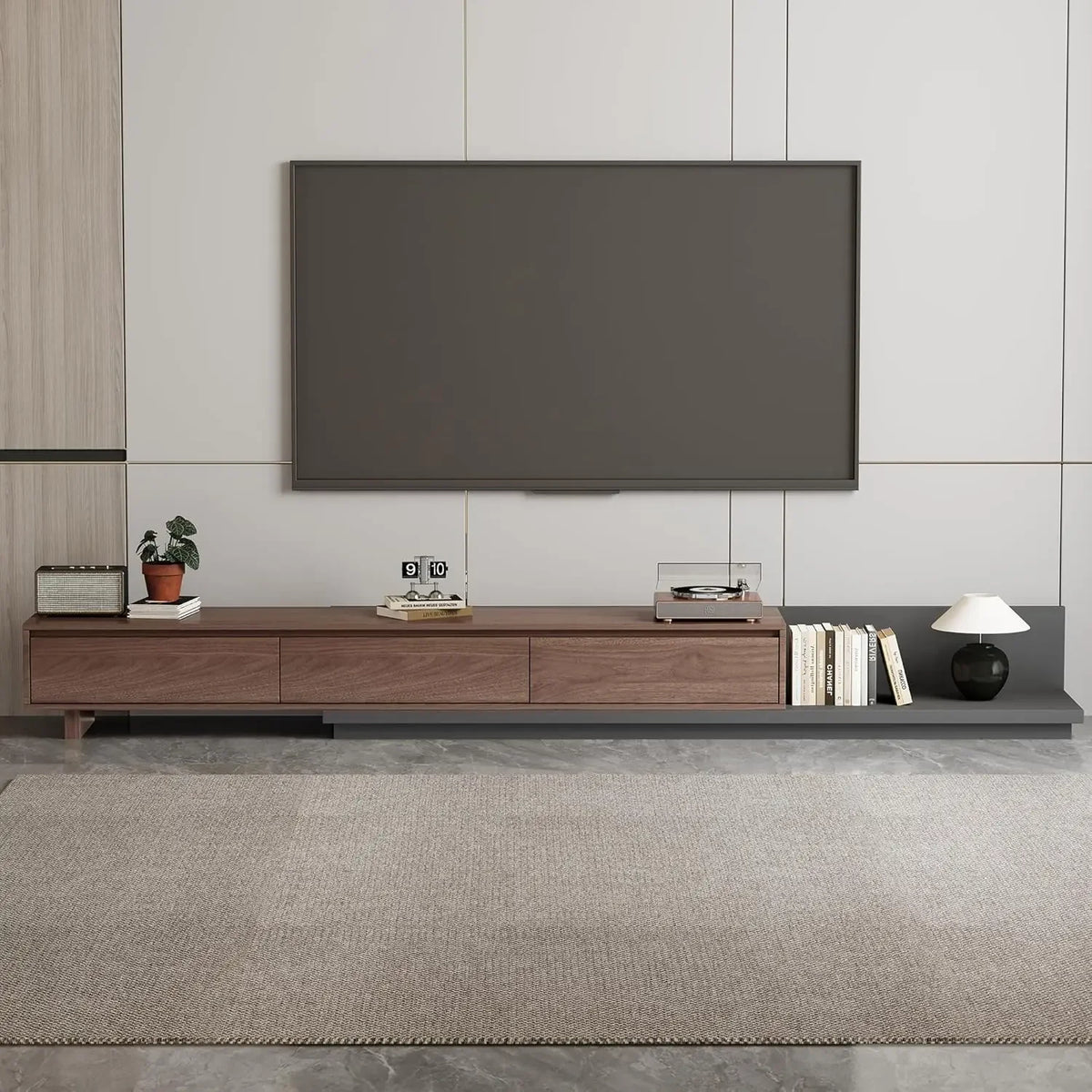 Fontaine Collection | Grand Brass-Accented Walnut Media Console - revealing tonal warmth and surface patina under ambient light in a Mid-Century Modern entryway setting.