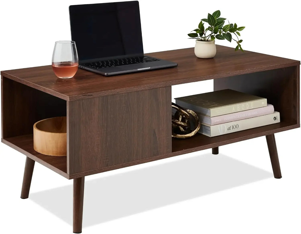 Dresden Collection | Hairpin-Legged Steel-Framed Walnut Coffee Table - presented at scale within a designed interior in a Mid-Century Modern living room setting.