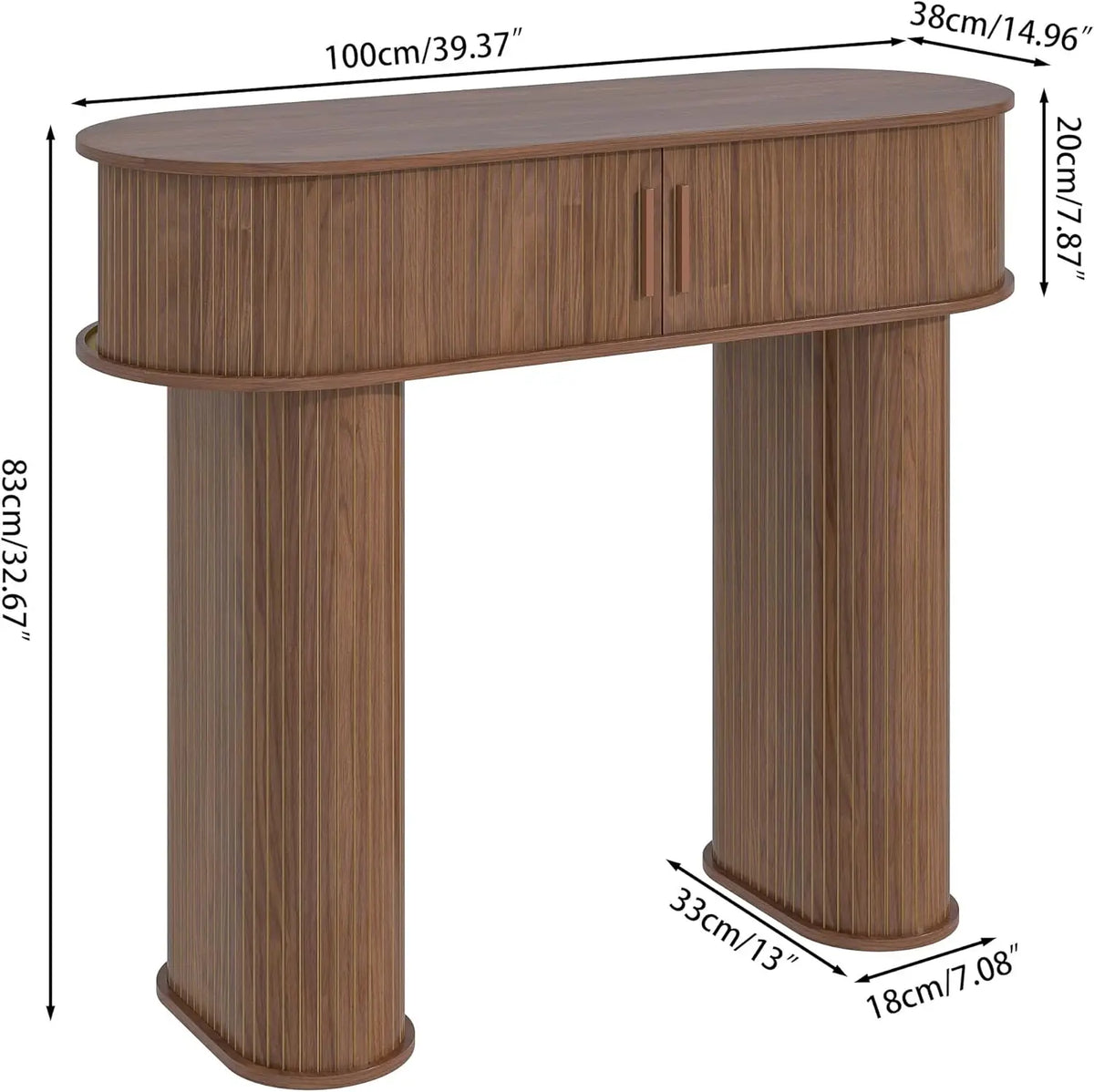 Fontaine Collection | Tapered-Leg Gold-Trimmed Walnut Round Console - styled from an alternate angle revealing dimensional depth in a Mid-Century Modern entryway setting.
