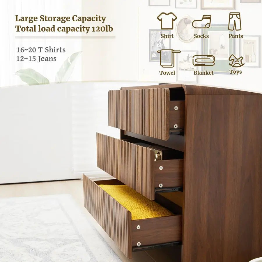 Fontaine Collection | Sculptural Brass-Accented Walnut 3-Drawer Dresser - captured in a curated lifestyle vignette in a Mid-Century Modern bedroom setting.