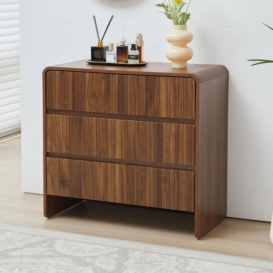 Fontaine Collection | Sculptural Brass-Accented Walnut 3-Drawer Dresser - highlighting material texture and craftsmanship detail in a Mid-Century Modern bedroom setting.