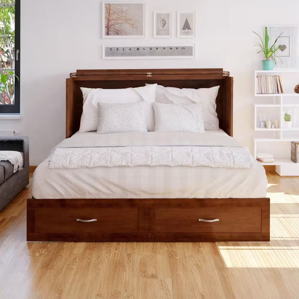 Hamilton Walnut Brown Wood Frame Queen Murphy Bed Chest with 6 In. Mattress, Storage and Built-In Charger