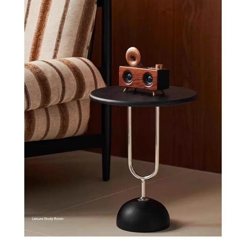 Belmont Collection | Tapered-Leg Atomic-Era Walnut Side Table - captured in a curated lifestyle vignette in a Mid-Century Modern living room setting.